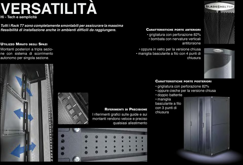 Caratteristiche porte anteriori grigliatura con perforazione 82% bombata con nervature verticali antitorsione oppure in vetro per la versione chiusa maniglia basculante a filo con 4 punti di