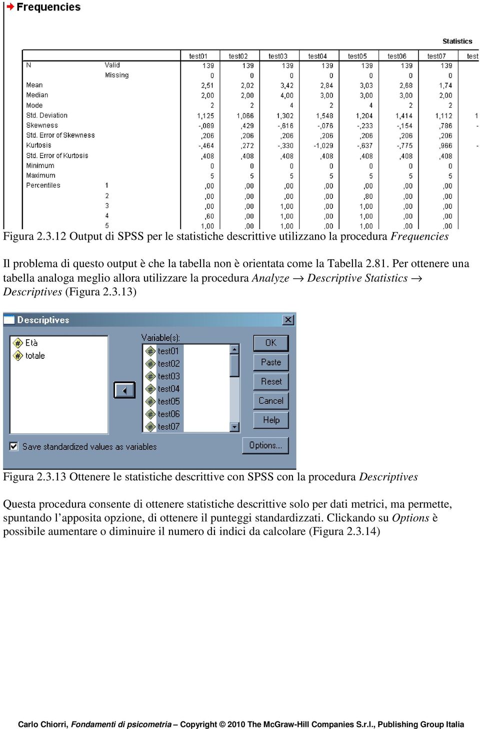 Per ottenere una tabella analoga meglio allora utilizzare la procedura Analyze Descriptive Statistics Descriptives (13) 13 Ottenere le statistiche descrittive con SPSS