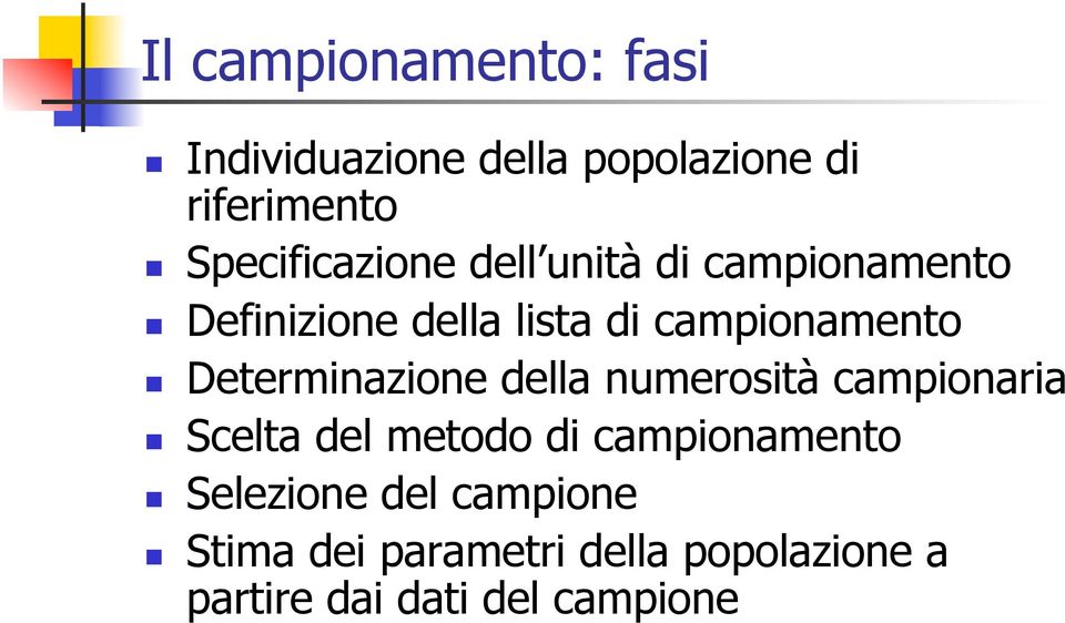 campionamento Determinazione della numerosità campionaria Scelta del metodo di