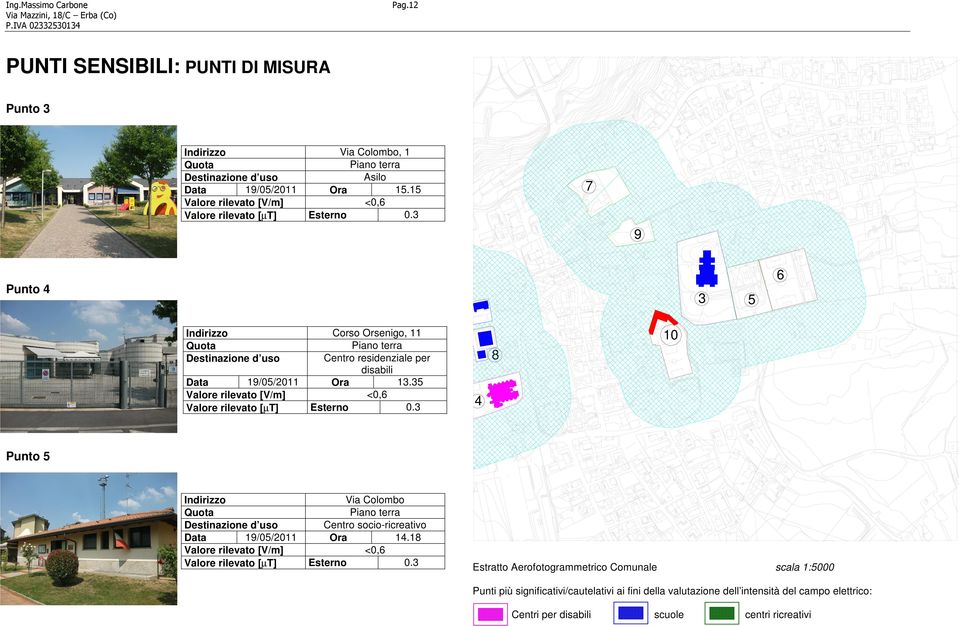 3 4 8 10 Punto 5 Indirizzo Via Colombo Piano terra Destinazione d uso Centro socio-ricreativo Data 19/05/2011 Ora 14.18 Valore rilevato [µt] Esterno 0.