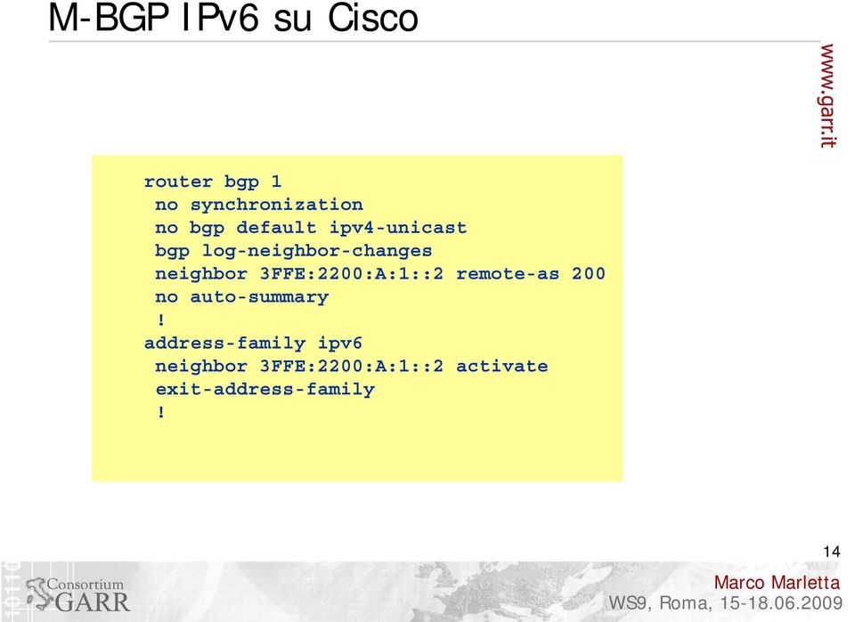 3FFE:2200:A:1::2 remote-as 200 no auto-summary!