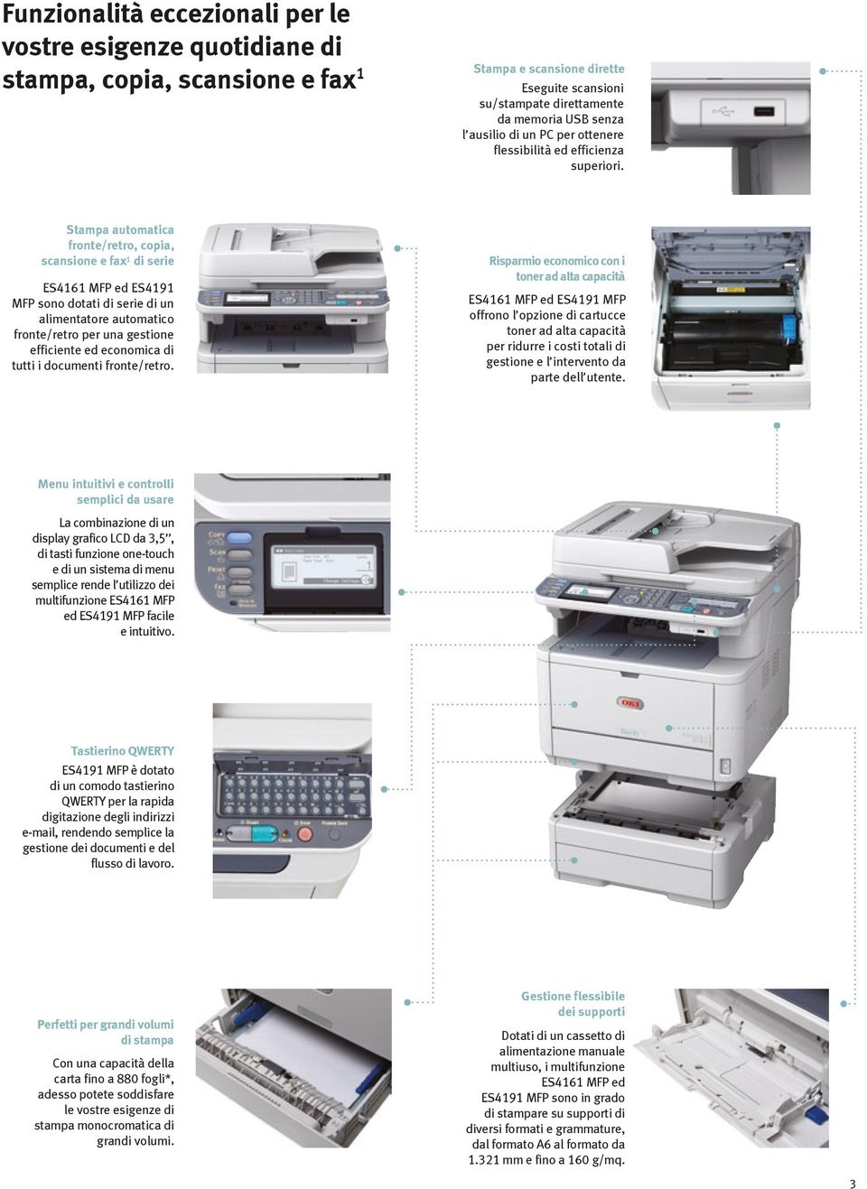 Stampa automatica fronte/retro, copia, scansione e fax 1 di serie ES4161 MFP ed ES4191 MFP sono dotati di serie di un alimentatore automatico fronte/retro per una gestione efficiente ed economica di