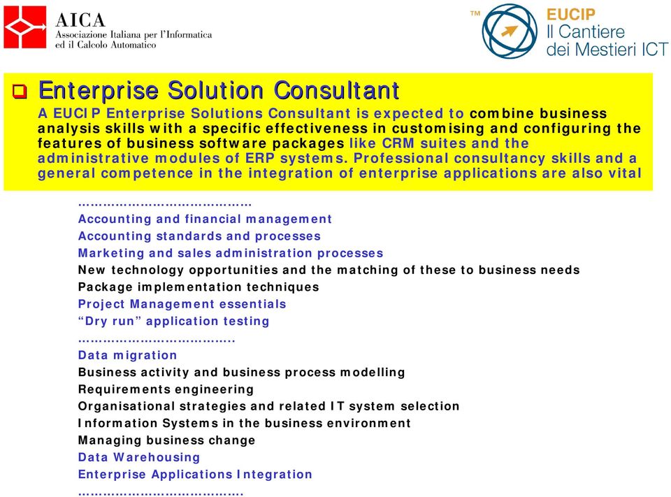 Professional consultancy skills and a general competence in the integration of enterprise applications are also vital Accounting and financial management Accounting standards and processes Marketing