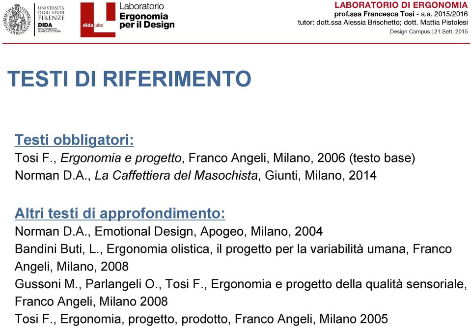 , La Caffettiera del Masochista, Giunti, Milano, 2014 Altri testi di approfondimento: Norman D.A., Emotional Design, Apogeo, Milano, 2004 Bandini Buti, L.