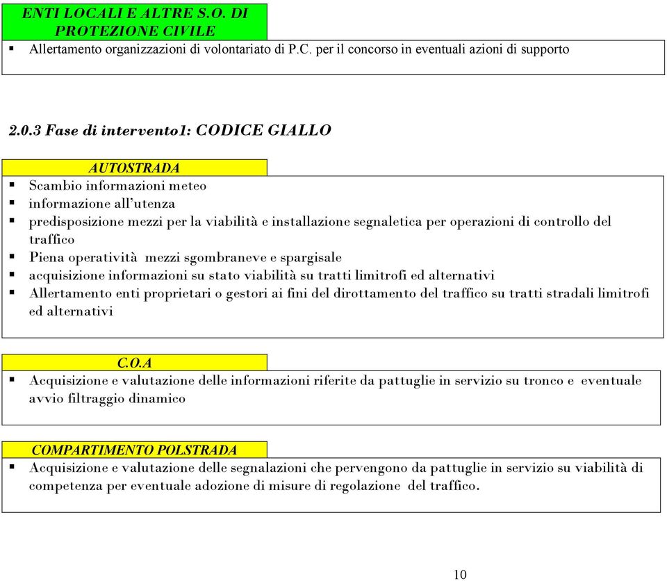 traffico Piena operatività mezzi sgombraneve e spargisale acquisizione informazioni su stato viabilità su tratti limitrofi ed alternativi Allertamento enti proprietari o gestori ai fini del