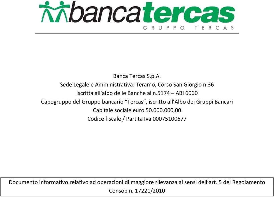 5174 ABI 6060 Capogruppo del Gruppo bancario Tercas, iscritto all Albo dei Gruppi Bancari Capitale