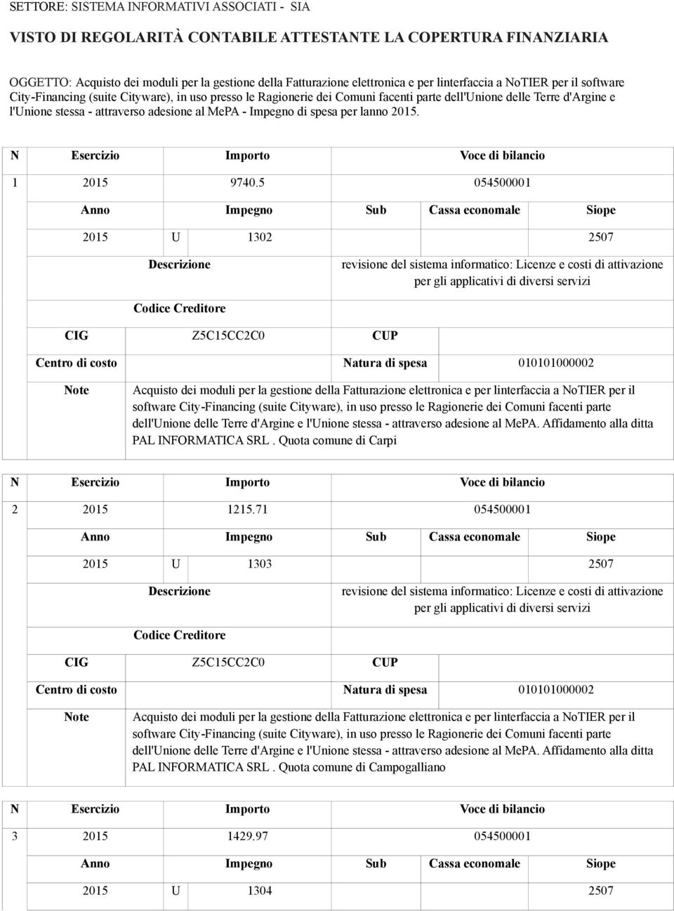 MePA - Impegno di spesa per lanno 2015. N Esercizio Importo Voce di bilancio 1 2015 9740.