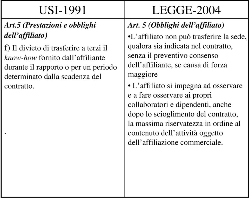 5 (Obblighi dell affiliato) L affiliato non può trasferire la sede, qualora sia indicata nel contratto, senza il preventivo consenso dell affiliante, se