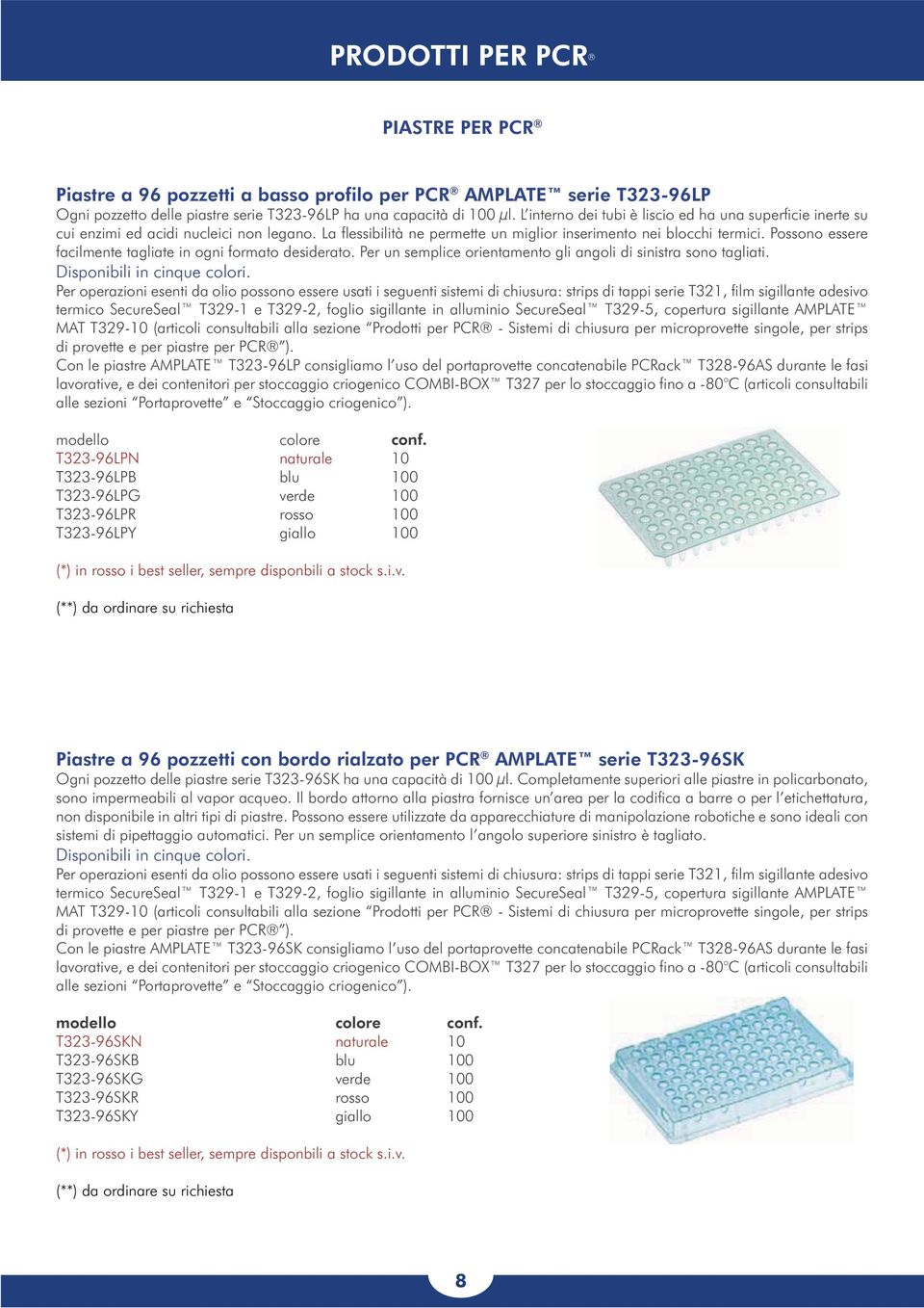 00 334.00 334.00 Piastre a 96 pozzetti con bordo rialzato per PCR AMPLATE serie T323-96SK sono impermeabili al vapor acqueo.