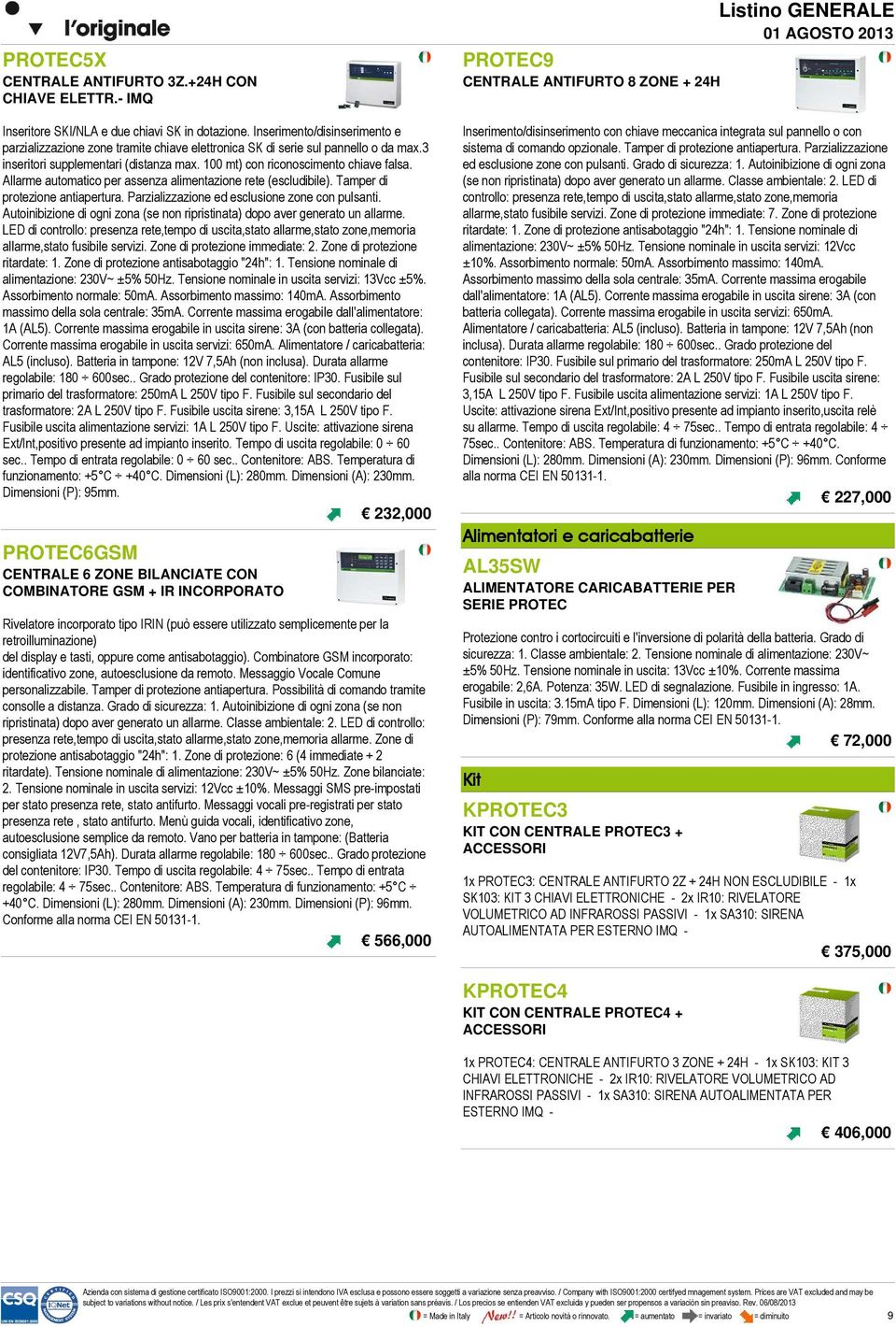 Allarme automatico per assenza alimentazione rete (escludibile). Tamper di protezione antiapertura. Parzializzazione ed esclusione zone con pulsanti.