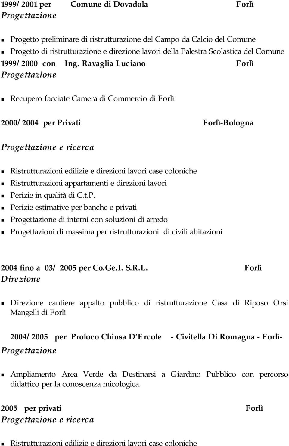 2000/2004 per Privati Forlì-Bologna Ristrutturazioni edilizie e direzioni lavori case coloniche Ristrutturazioni appartamenti e direzioni lavori Perizie in qualità di C.t.P. per banche e privati di interni con soluzioni di arredo 2004 fino a 03/ 2005 per Co.