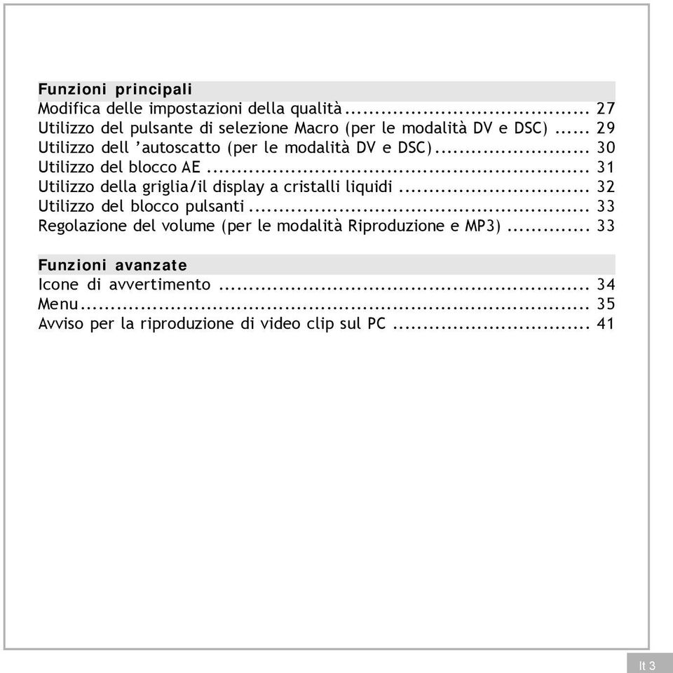 .. 29 Utilizzo dell autoscatto (per le modalità DV e DSC)... 30 Utilizzo del blocco AE.