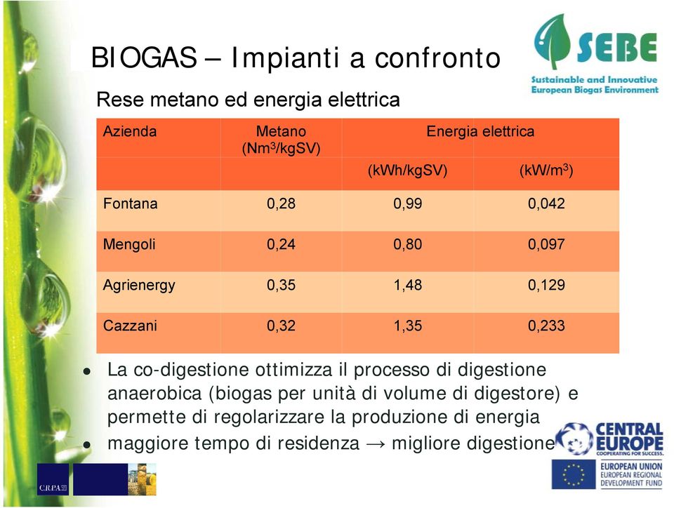 1,35 0,233 La co-digestione ottimizza il processo di digestione anaerobica (biogas per unità di volume di