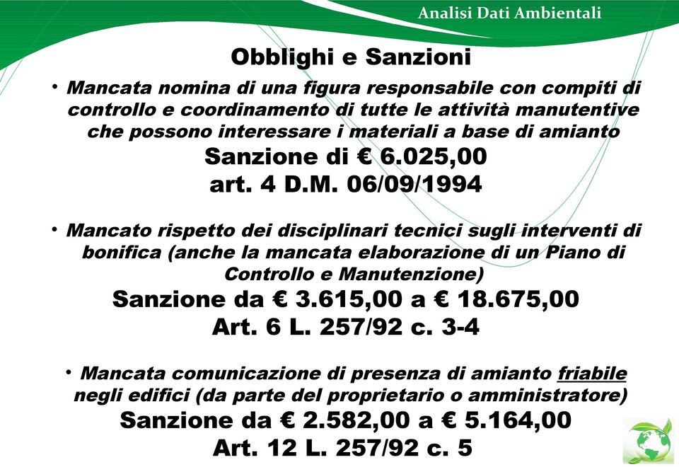 06/09/1994 Mancato rispetto dei disciplinari tecnici sugli interventi di bonifica (anche la mancata elaborazione di un Piano di Controllo e