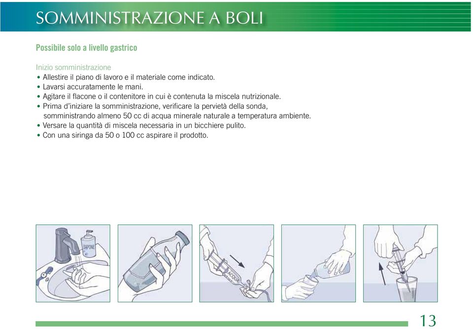 Prima d iniziare la somministrazione, verificare la pervietà della sonda, somministrando almeno 50 cc di acqua minerale naturale a