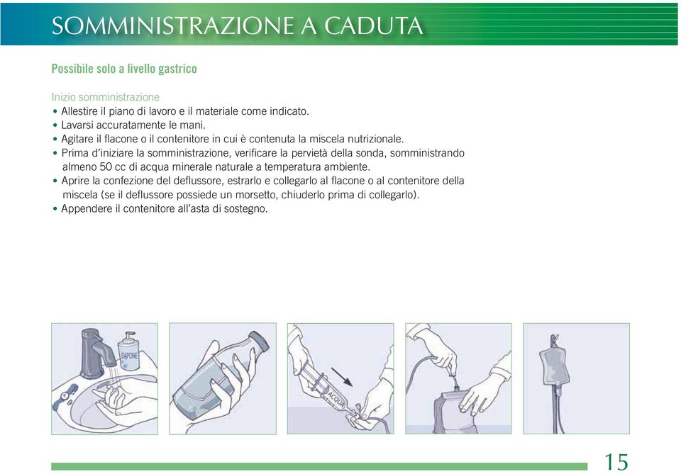 Prima d iniziare la somministrazione, verificare la pervietà della sonda, somministrando almeno 50 cc di acqua minerale naturale a temperatura ambiente.