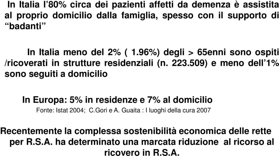 509) e meno dell 1% sono seguiti a domicilio In Europa: 5% in residenze e 7% al domicilio Fonte: Istat 2004; C.Gori e A.