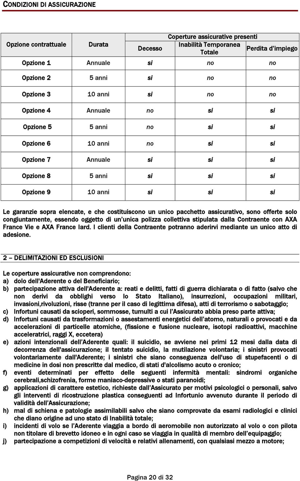 sopra elencate, e che costituiscono un unico pacchetto assicurativo, sono offerte solo congiuntamente, essendo oggetto di un unica polizza collettiva stipulata dalla Contraente con AXA France Vie e