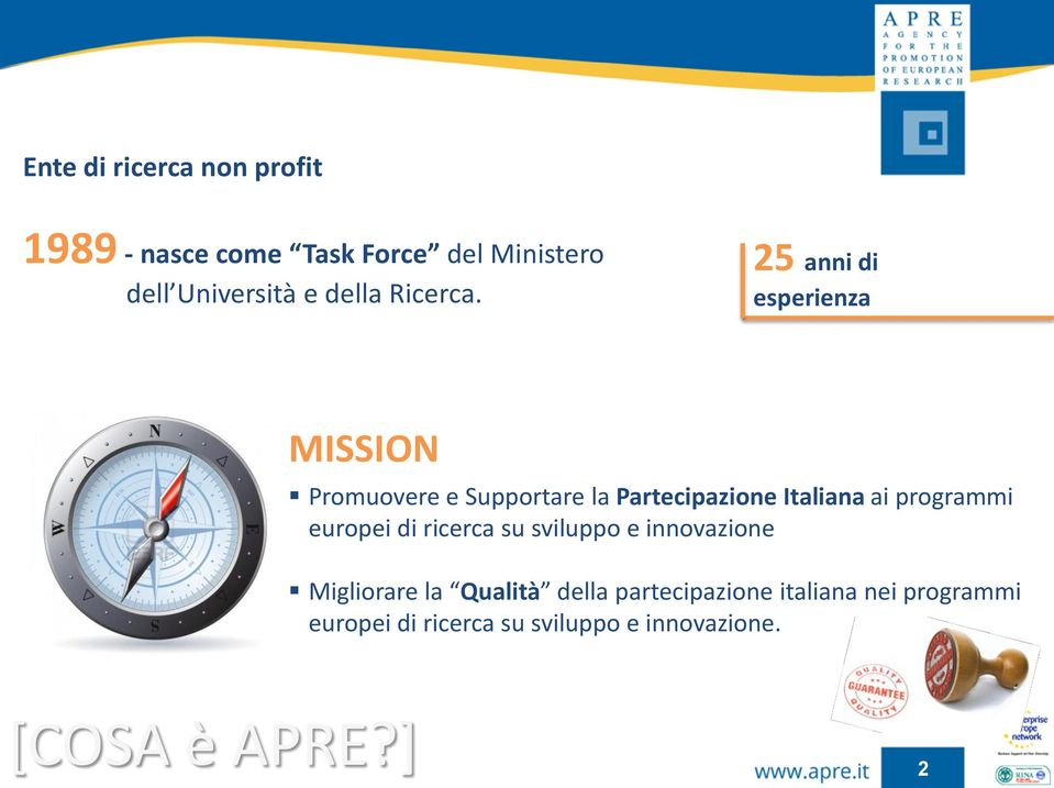 25 anni di esperienza MISSION Promuovere e Supportare la Partecipazione Italiana ai