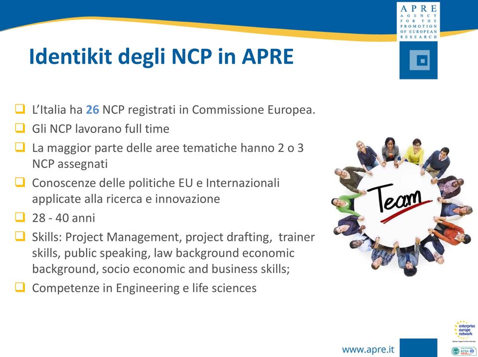 politiche EU e Internazionali applicate alla ricerca e innovazione 28-40 anni Skills: Project Management, project