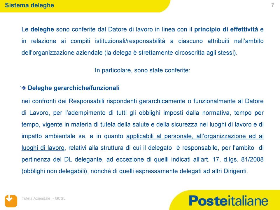 Deleghe gerarchiche/funzionali nei confronti dei Responsabili rispondenti gerarchicamente o funzionalmente al Datore di Lavoro, per l adempimento di tutti gli obblighi imposti dalla normativa, tempo