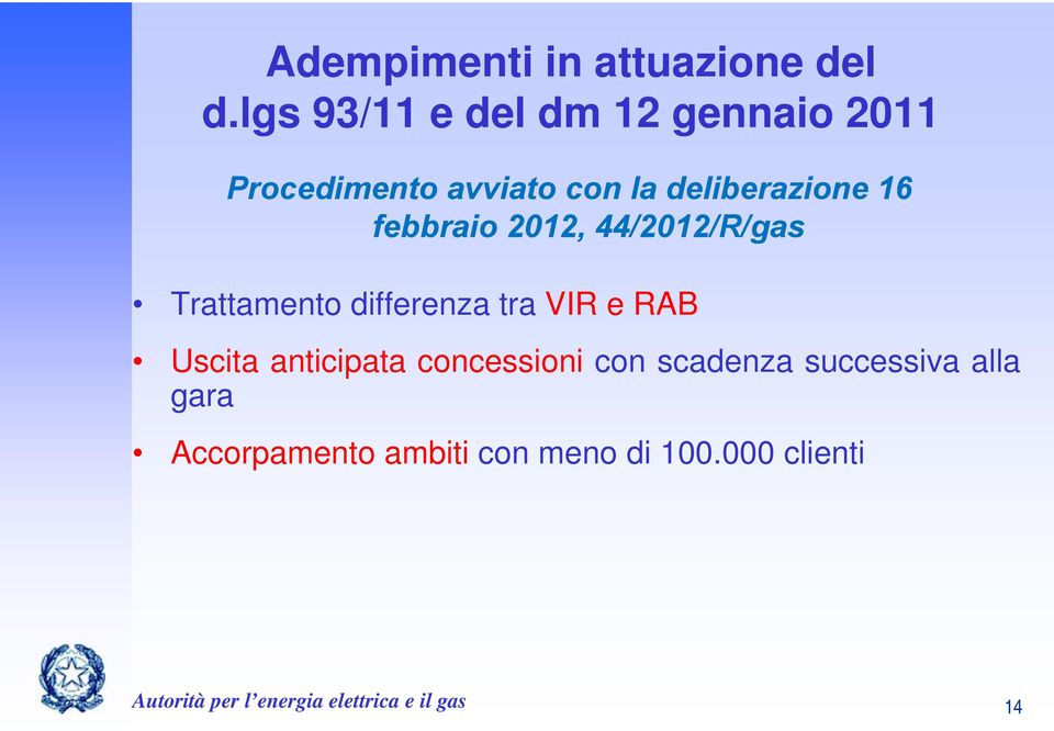 febbraio 2012, 44/2012/R/gas Trattamento differenza tra VIR e RAB Uscita anticipata