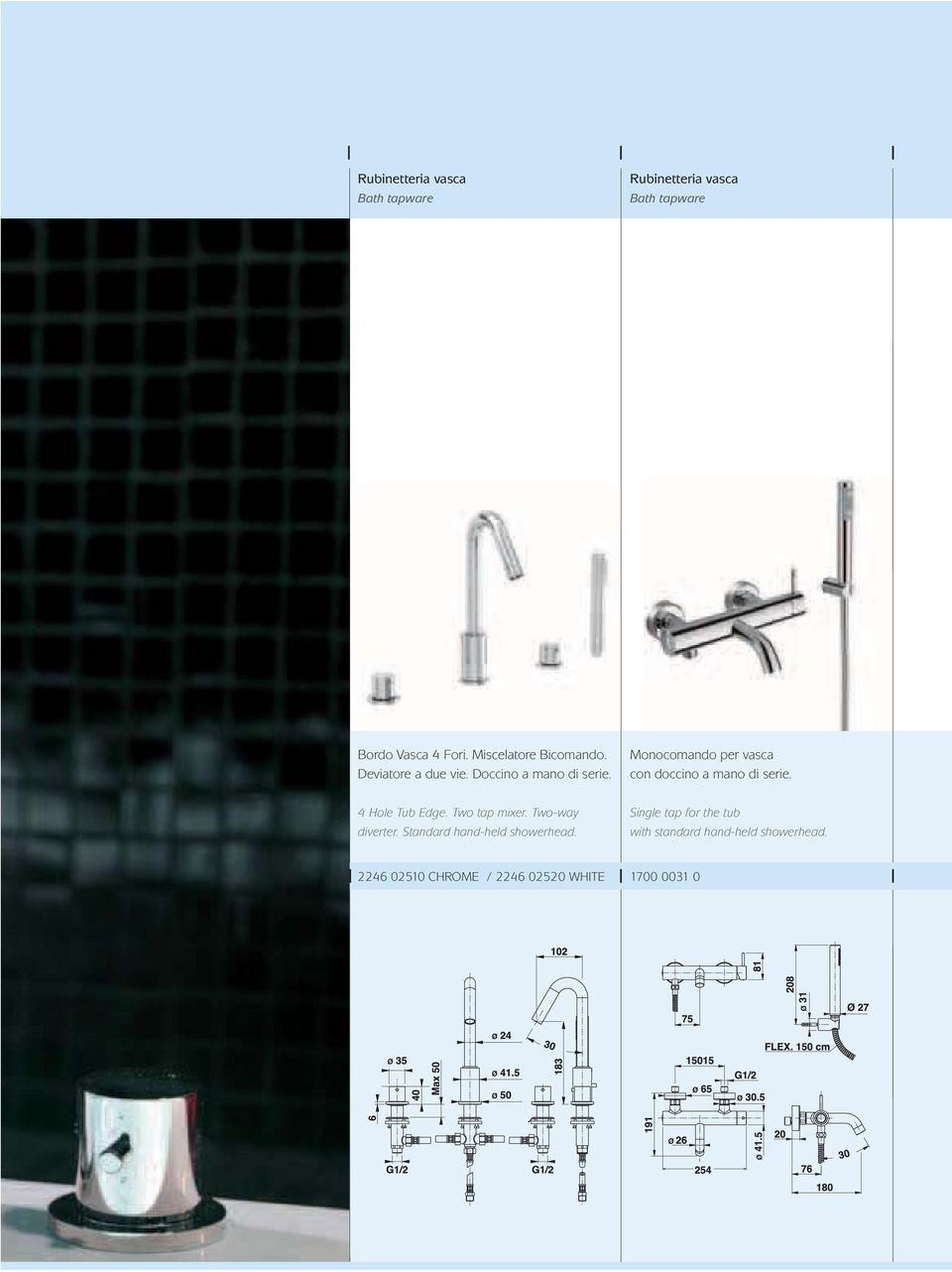 Monocomando per vasca con doccino a mano di serie. 4 Hole Tub Edge. Two tap mixer.