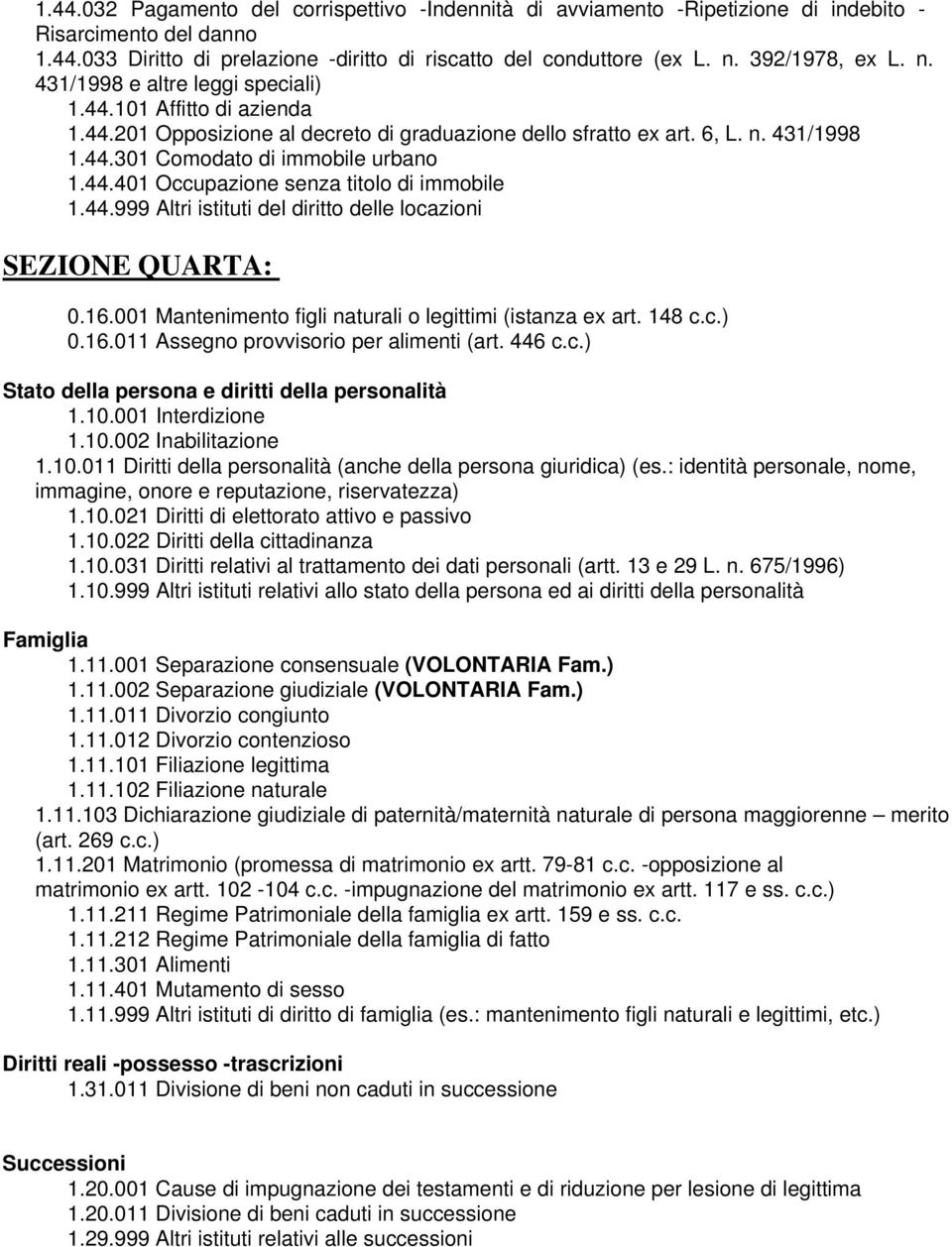 44.401 Occupazione senza titolo di immobile 1.44.999 Altri istituti del diritto delle locazioni SEZIONE QUARTA: 0.16.001 Mantenimento figli naturali o legittimi (istanza ex art. 148 c.c.) 0.16.011 Assegno provvisorio per alimenti (art.