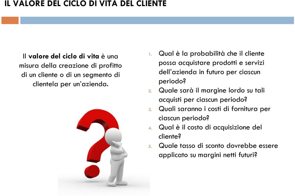 Qual è la probabilità che il cliente possa acquistare prodotti e servizi dell azienda in futuro per ciascun periodo? 2.