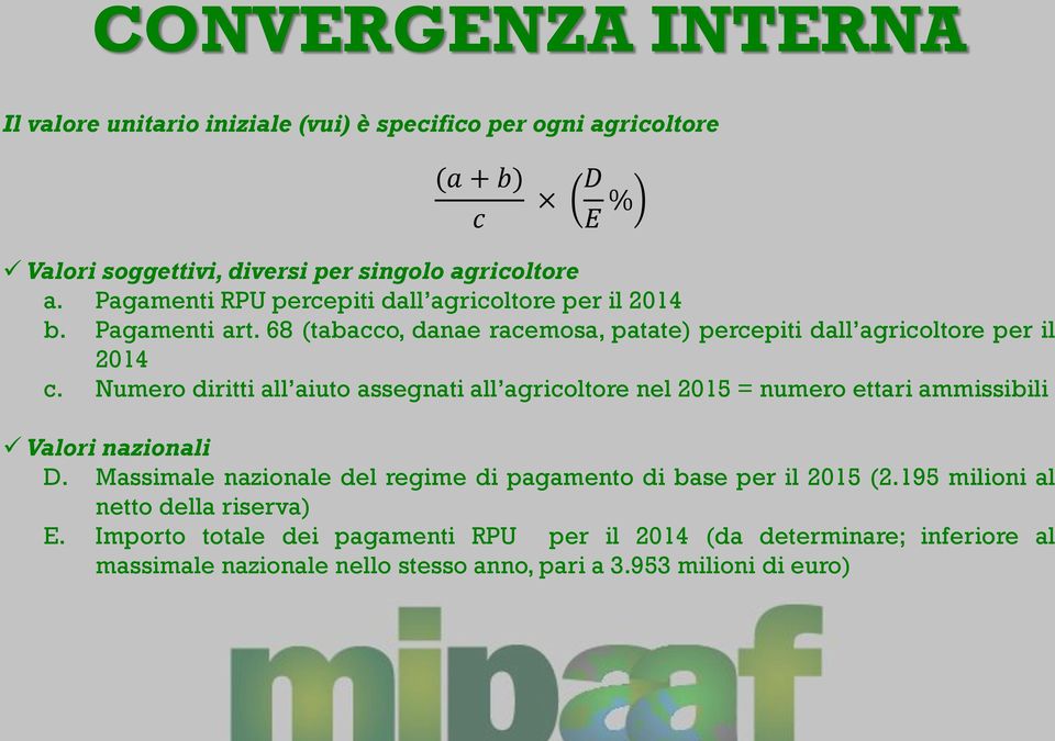 Numero diritti all aiuto assegnati all agricoltore nel 2015 = numero ettari ammissibili Valori nazionali D.