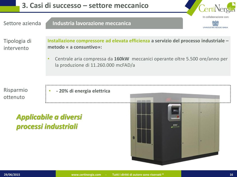 160kW meccanici operante oltre 5.500 ore/anno per la produzione di 11.260.