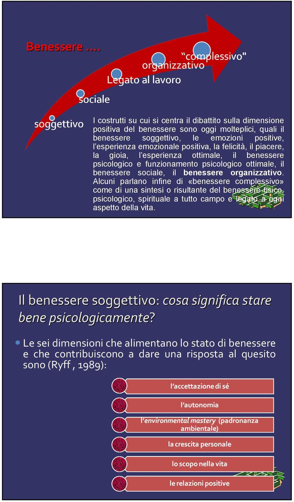 positiva, la felicità, il piacere, la gioia, l esperienza ottimale, il benessere psicologico e funzionamento psicologico ottimale, il benessere sociale, il benessere organizzativo.