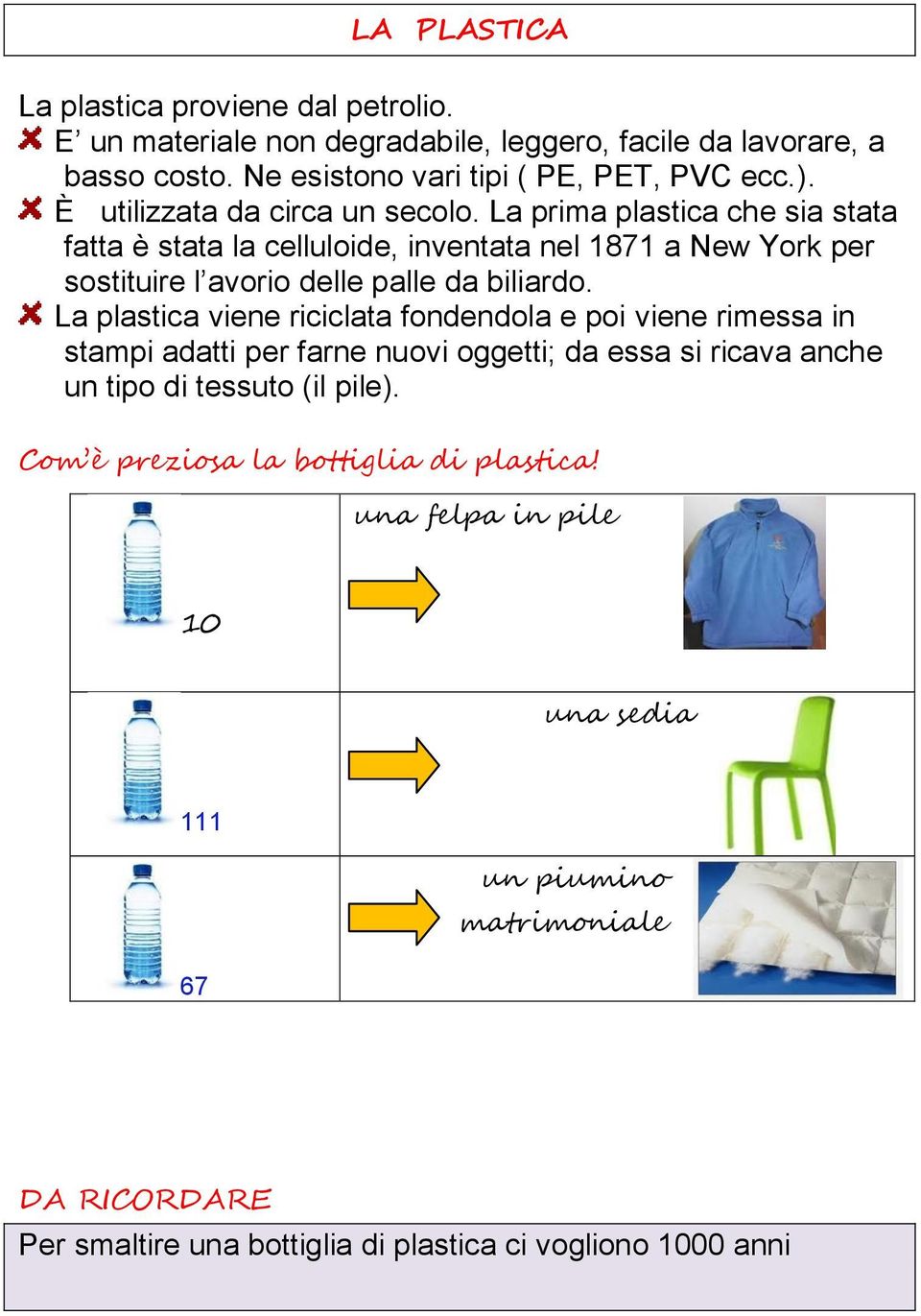 La prima plastica che sia stata fatta è stata la celluloide, inventata nel 1871 a New York per sostituire l avorio delle palle da biliardo.