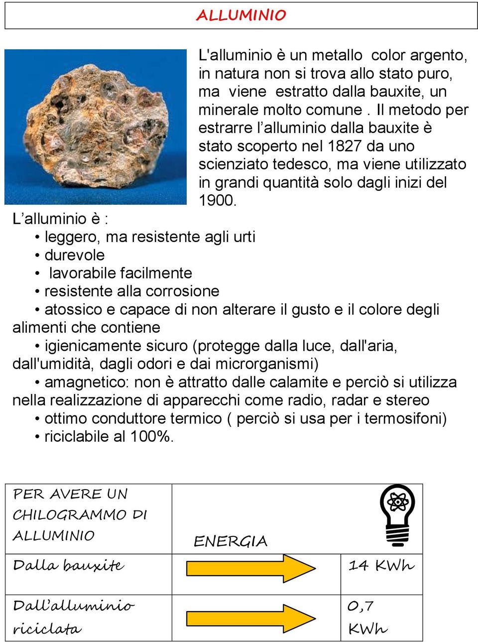 L alluminio è : leggero, ma resistente agli urti durevole lavorabile facilmente resistente alla corrosione atossico e capace di non alterare il gusto e il colore degli alimenti che contiene