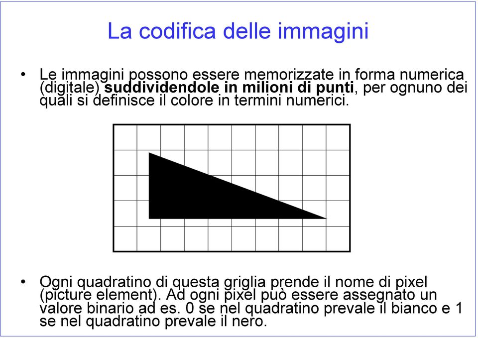 Ogni quadratino di questa griglia prende il nome di pixel (picture element).