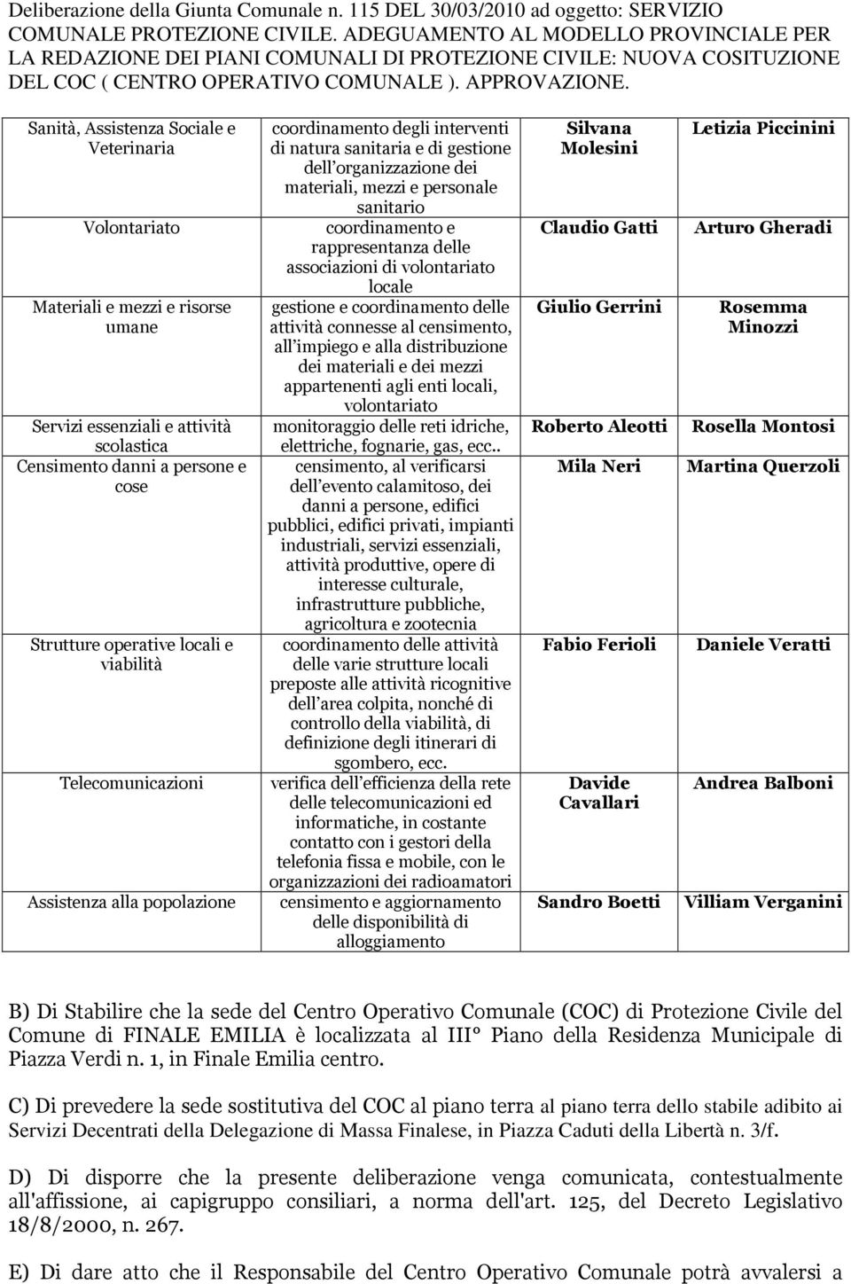 ervizi essenziali e attività scolastica Censimento danni a persone e cose trutture operative locali e viabilità Telecomunicazioni Assistenza alla popolazione coordinamento degli interventi di natura