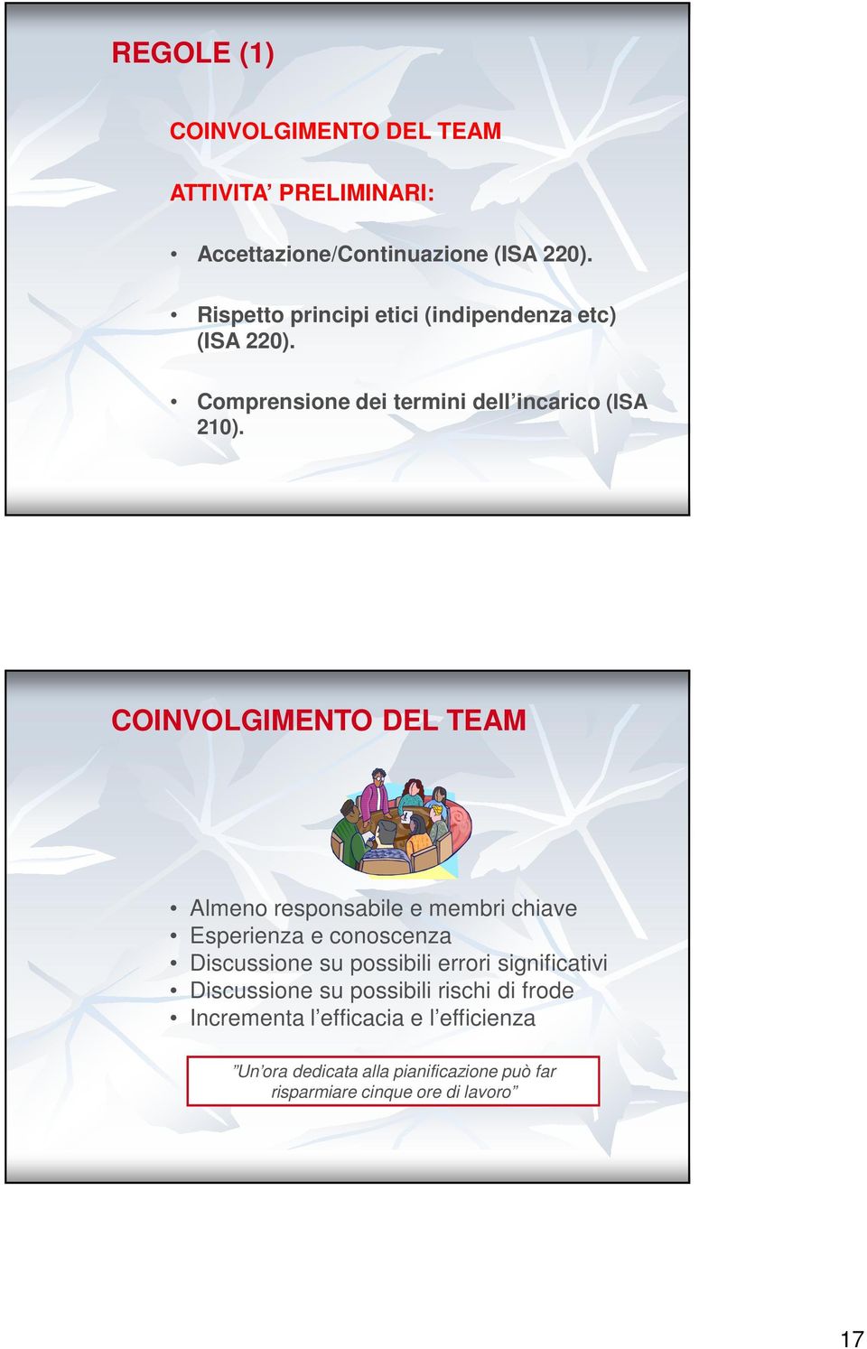 COINVOLGIMENTO DEL TEAM Almeno responsabile e membri chiave Esperienza e conoscenza Discussione su possibili errori