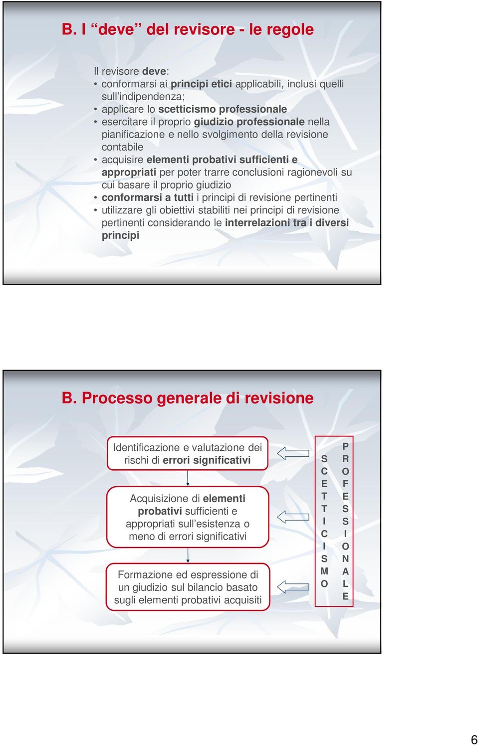 proprio giudizio conformarsi a tutti i principi di revisione pertinenti utilizzare gli obiettivi stabiliti nei principi di revisione pertinenti considerando le interrelazioni tra i diversi principi B.