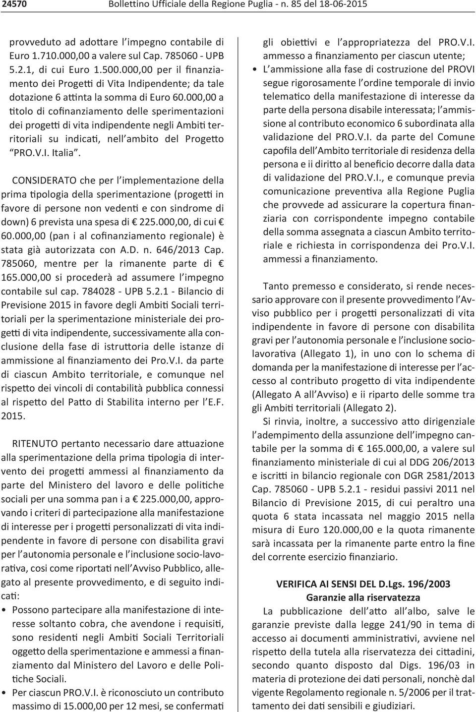 000,00 a titolo di cofinanziamento delle sperimentazioni dei progetti di vita indipendente negli Ambiti territoriali su indicati, nell ambito del Progetto PRO.V.I. Italia.