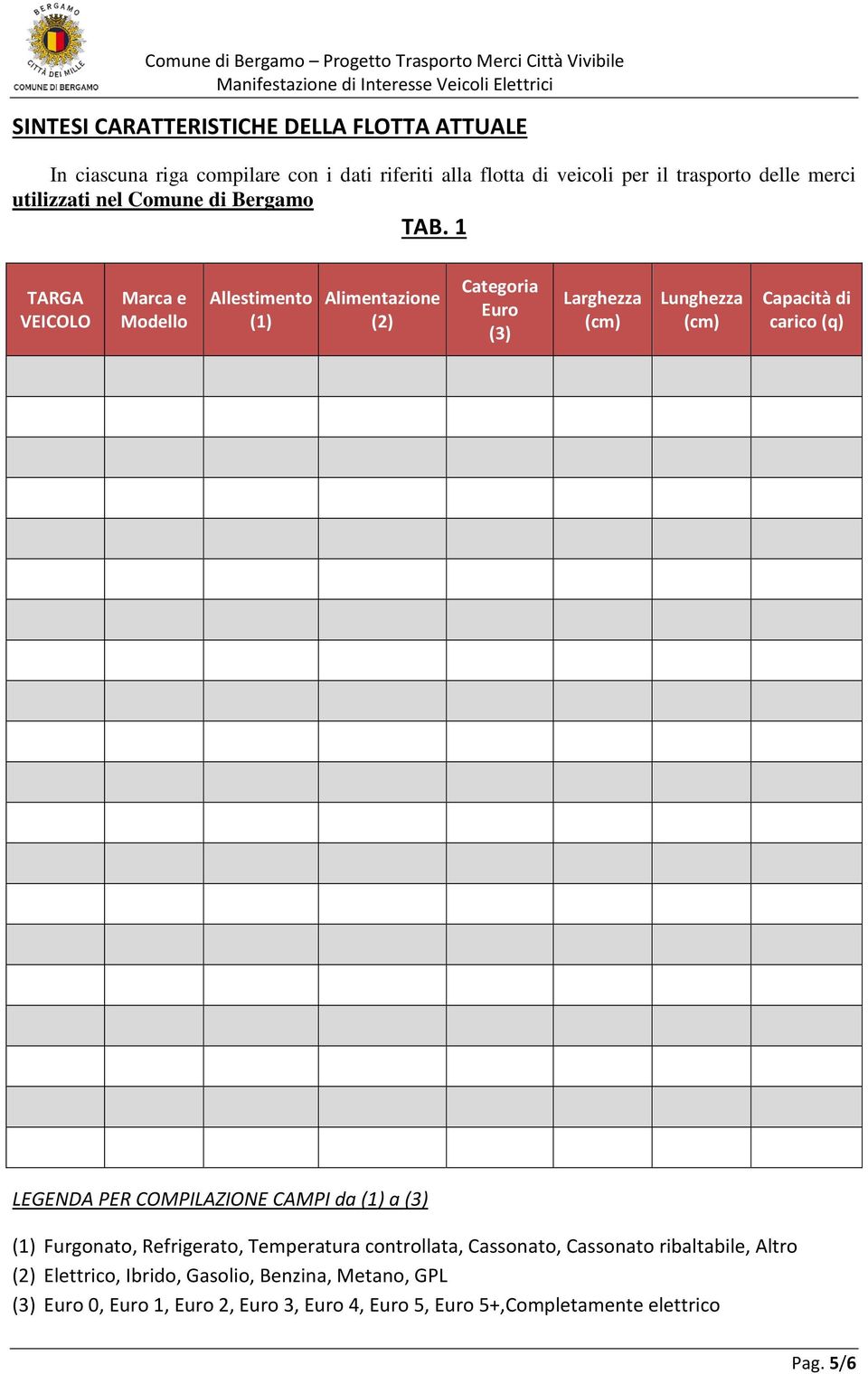 1 TARGA VEICOLO Marca e Modello Allestimento (1) Alimentazione (2) Categoria Euro (3) Larghezza (cm) Lunghezza (cm) Capacità di carico (q) LEGENDA PER