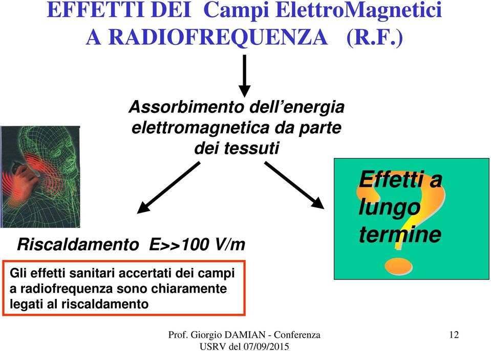 Riscaldamento E>>100 V/m Effetti a lungo termine Gli effetti