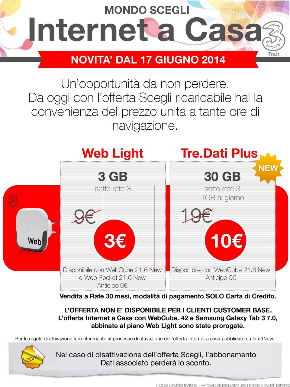 6 New Anticipo 0 Vendita a Rate 30 mesi, modalità di pagamento SOLO Carta di Credito. L OFFERTA NON E DISPONIBILE PER I CLIENTI CUSTOMER BASE. L offerta Internet a Casa con WebCube.