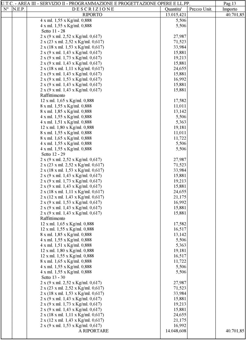 0,888 5,363 12 x ml. 1,80 x Kg/ml. 0,888 19,181 8 x ml. 1,65 x Kg/ml. 0,888 11,722 Setto 12-29 2 x (9 x ml. 2,52 x Kg/ml. 0,617) 27,987 2 x (23 x ml. 2,52 x Kg/ml. 0,617) 71,523 2 x (18 x ml.