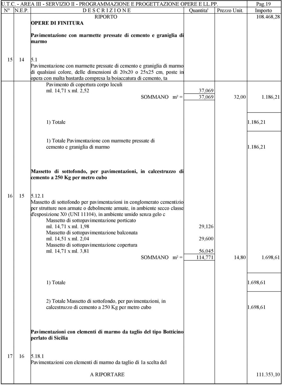 ta Pavimento di copertura corpo loculi ml. 14,71 x ml. 2,52 37,069 SOMMANO m² = 37,069 32,00 1.186,21 1) Totale 1.