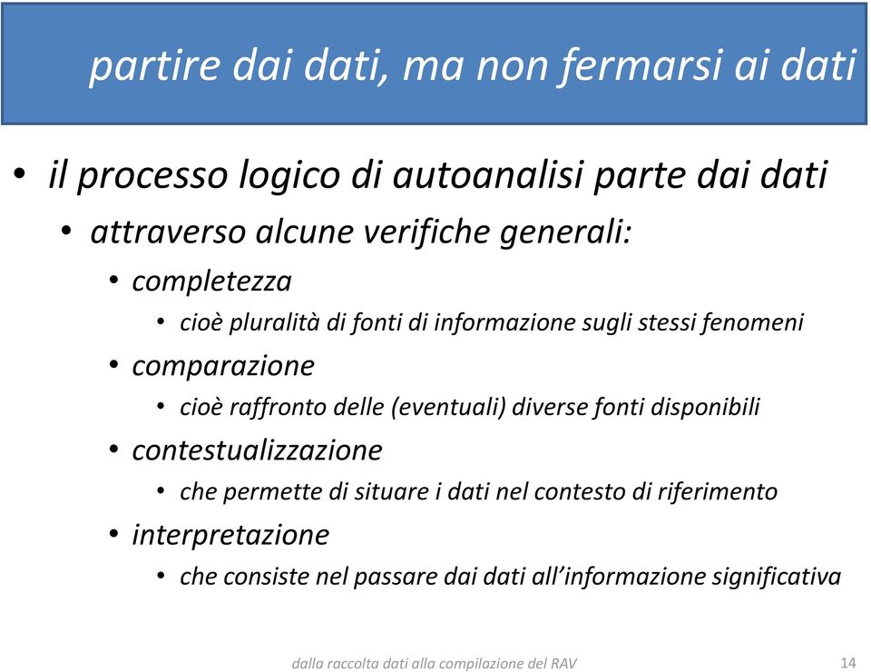 (eventuali) diverse fonti disponibili contestualizzazione che permette di situare i dati nel contesto di riferimento