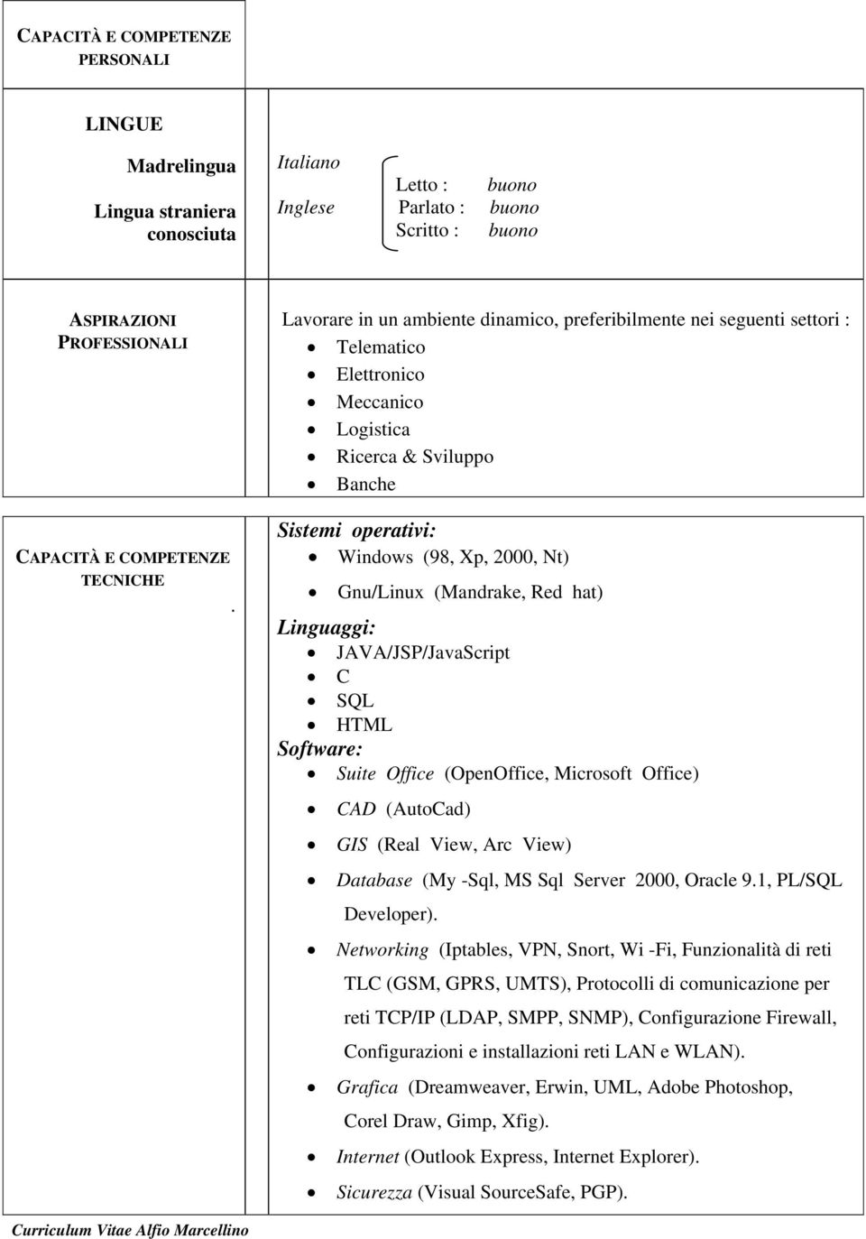 (Mandrake, Red hat) Linguaggi: JAVA/JSP/JavaScript C SQL HTML Software: Suite Office (OpenOffice, Microsoft Office) CAD (AutoCad) GIS (Real View, Arc View) Database (My -Sql, MS Sql Server 2000,