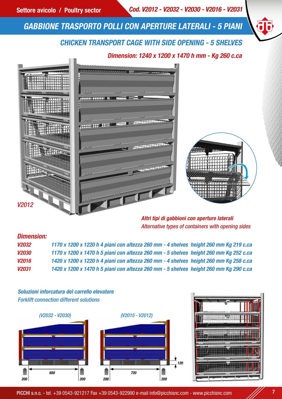 ca V2012 Altri tipi di gabbioni con aperture laterali Alternative types of containers with opening sides Dimension: V2032 V2030 V2016 V2031 1170 x 1200 x 1220 h 4 piani con altezza 260 mm - 4 shelves