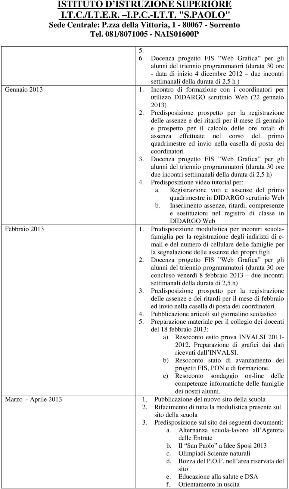 Predisposizione prospetto per la registrazione delle assenze e dei ritardi per il mese di gennaio e prospetto per il calcolo delle ore totali di assenza effettuate nel corso del primo quadrimestre ed