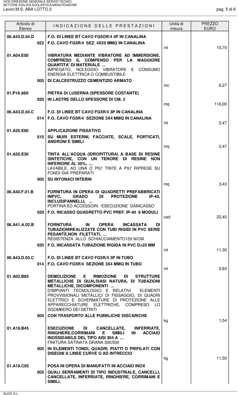 .. IMPIEGATO, NOLEGGIO VIBRATORE E CONSUMO ENERGIA ELETTRICA O COMBUSTIBILE 005 DI CALCESTRUZZO CEMENTIZIO ARMATO PIETRA DI LUSERNA (SPESSORE COSTANTE) 020 IN LASTRE DELLO SPESSORE DI CM. 3 F.O. DI LINEE BT CAVO FG5R/4 3P IN CANALINA 014 F.