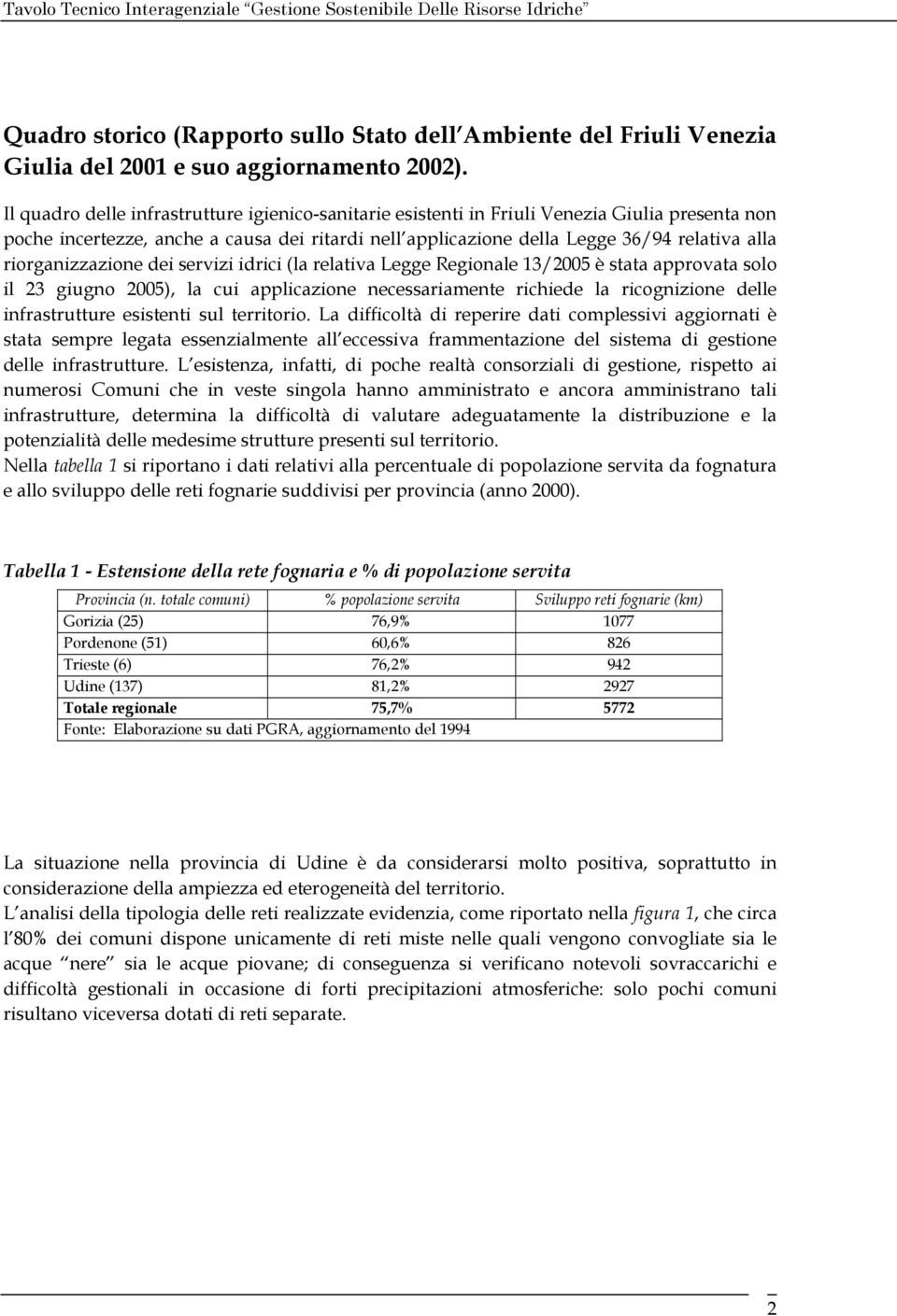 riorganizzazione dei servizi idrici (la relativa Legge Regionale 13/2005 è stata approvata solo il 23 giugno 2005), la cui applicazione necessariamente richiede la ricognizione delle infrastrutture